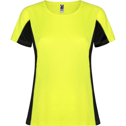 Fluro Yellow-Solid Black - Front - Roly Womens-Ladies Shanghai Short-Sleeved Sports T-Shirt