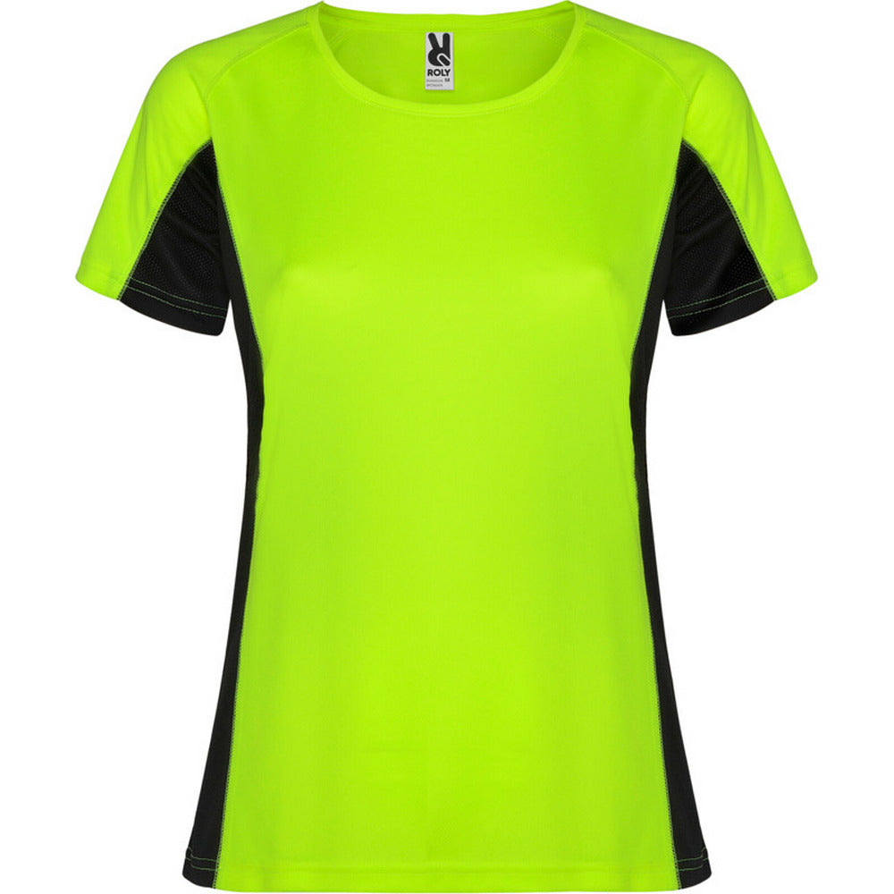 Fluro Green-Solid Black - Front - Roly Womens-Ladies Shanghai Short-Sleeved Sports T-Shirt