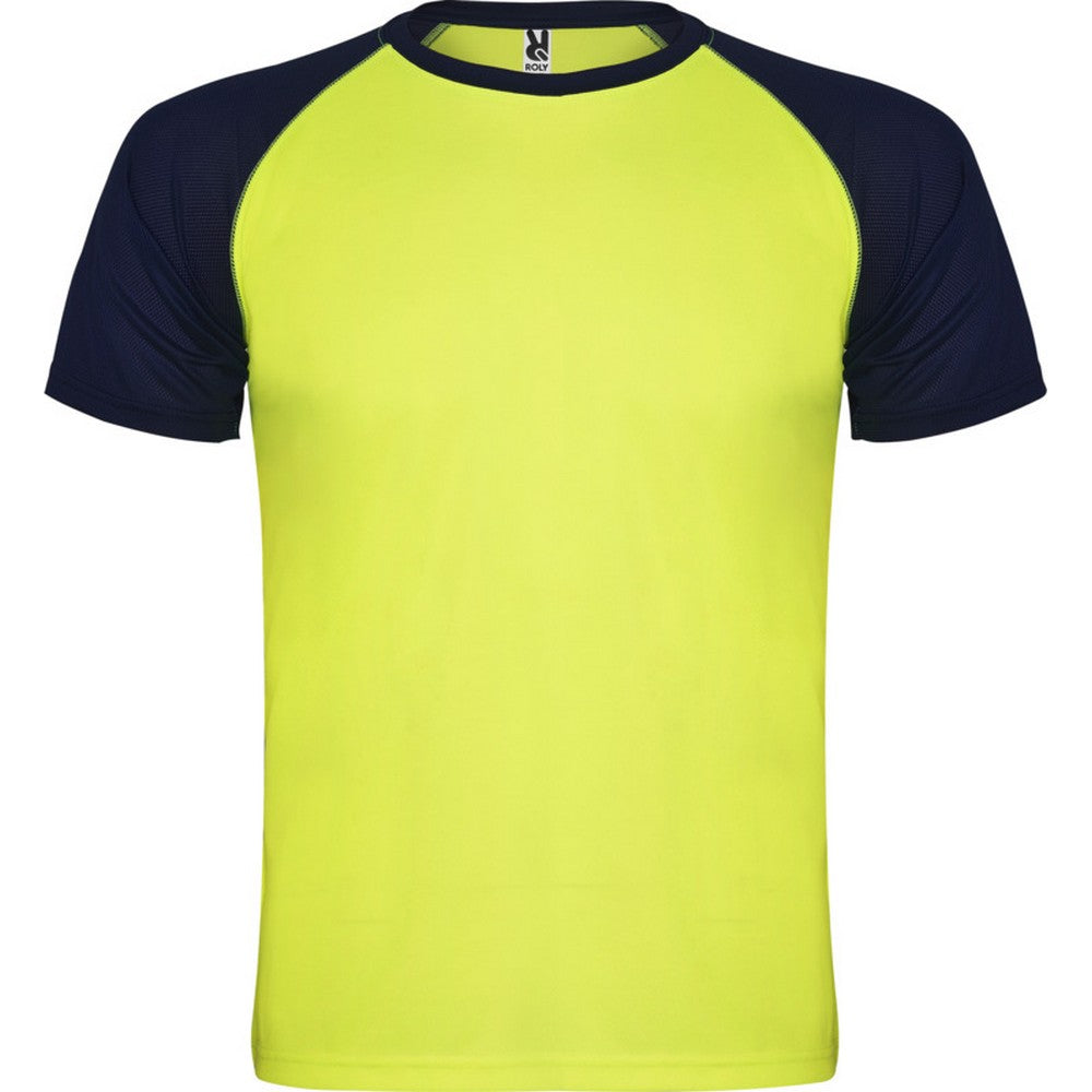 Fluro Yellow-Navy Blue - Front - Roly Childrens-Kids Indianapolis Short-Sleeved Sports T-Shirt