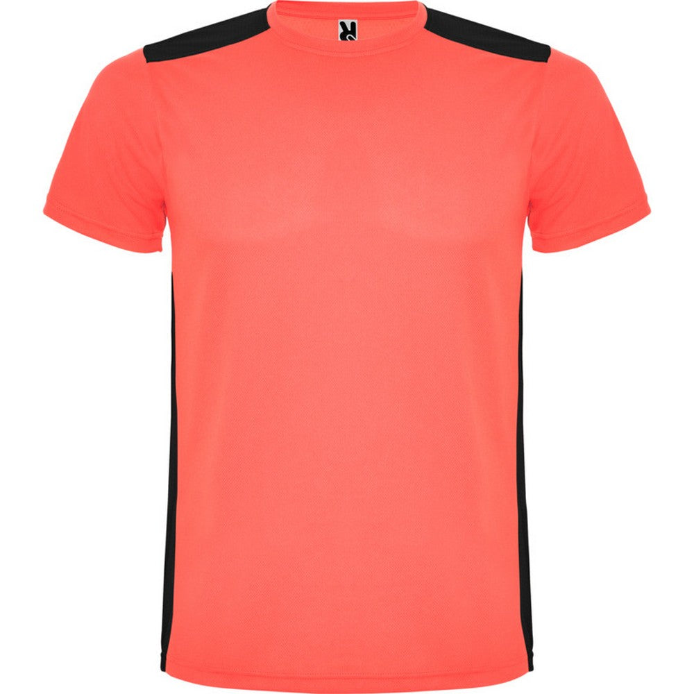 Fluorescent Coral-Solid Black - Front - Roly Unisex Adult Detroit Short-Sleeved Sports T-Shirt