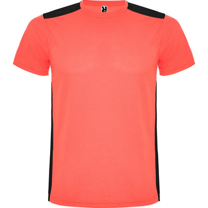 Fluorescent Coral-Solid Black - Front - Roly Unisex Adult Detroit Short-Sleeved Sports T-Shirt