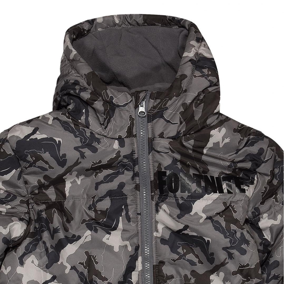 Grey - Side - Fortnite Boys Dancing Emotes Camo Puffer Jacket