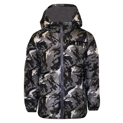 Grey - Front - Fortnite Boys Dancing Emotes Camo Puffer Jacket