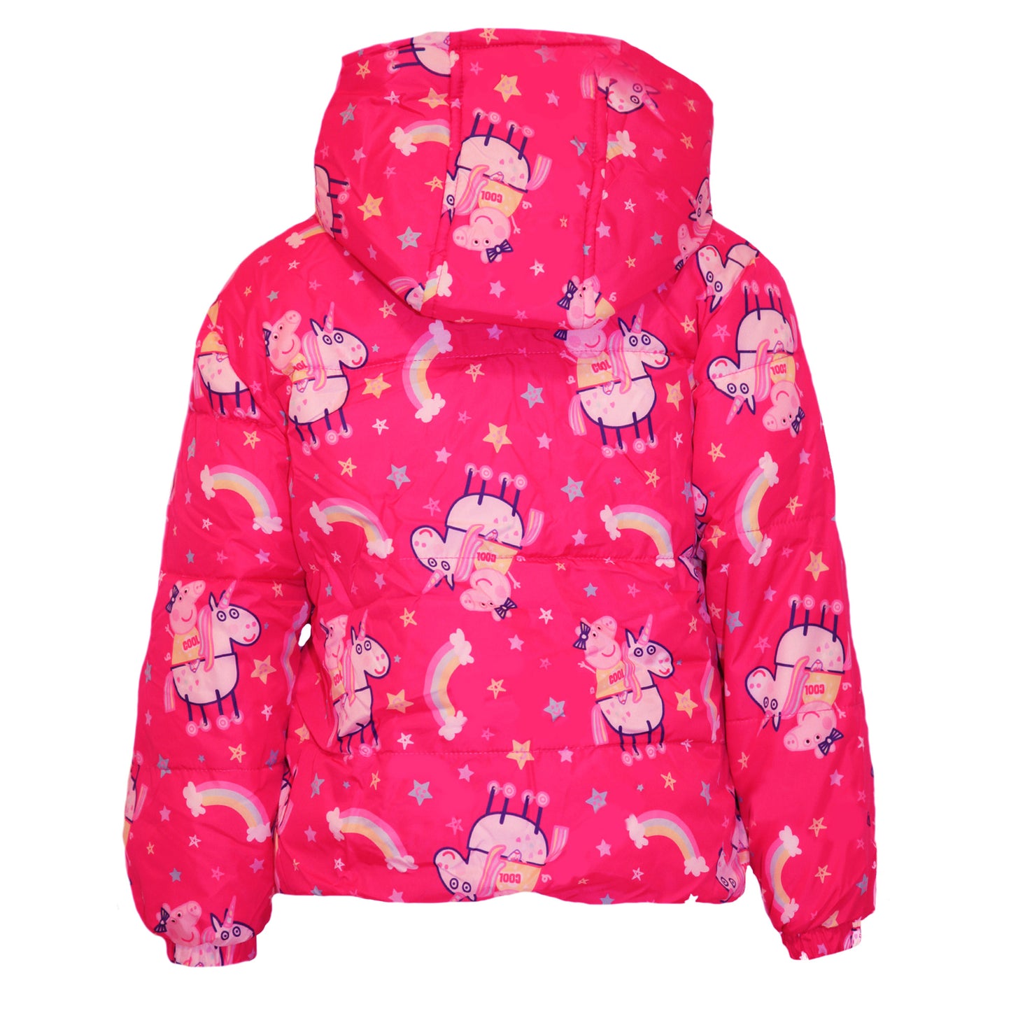 Pink-White-Yellow - Back - Peppa Pig Girls Peppa On A Unicorn Puffer Jacket