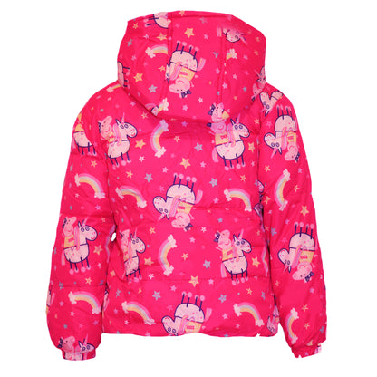 Pink-White-Yellow - Back - Peppa Pig Girls Peppa On A Unicorn Puffer Jacket