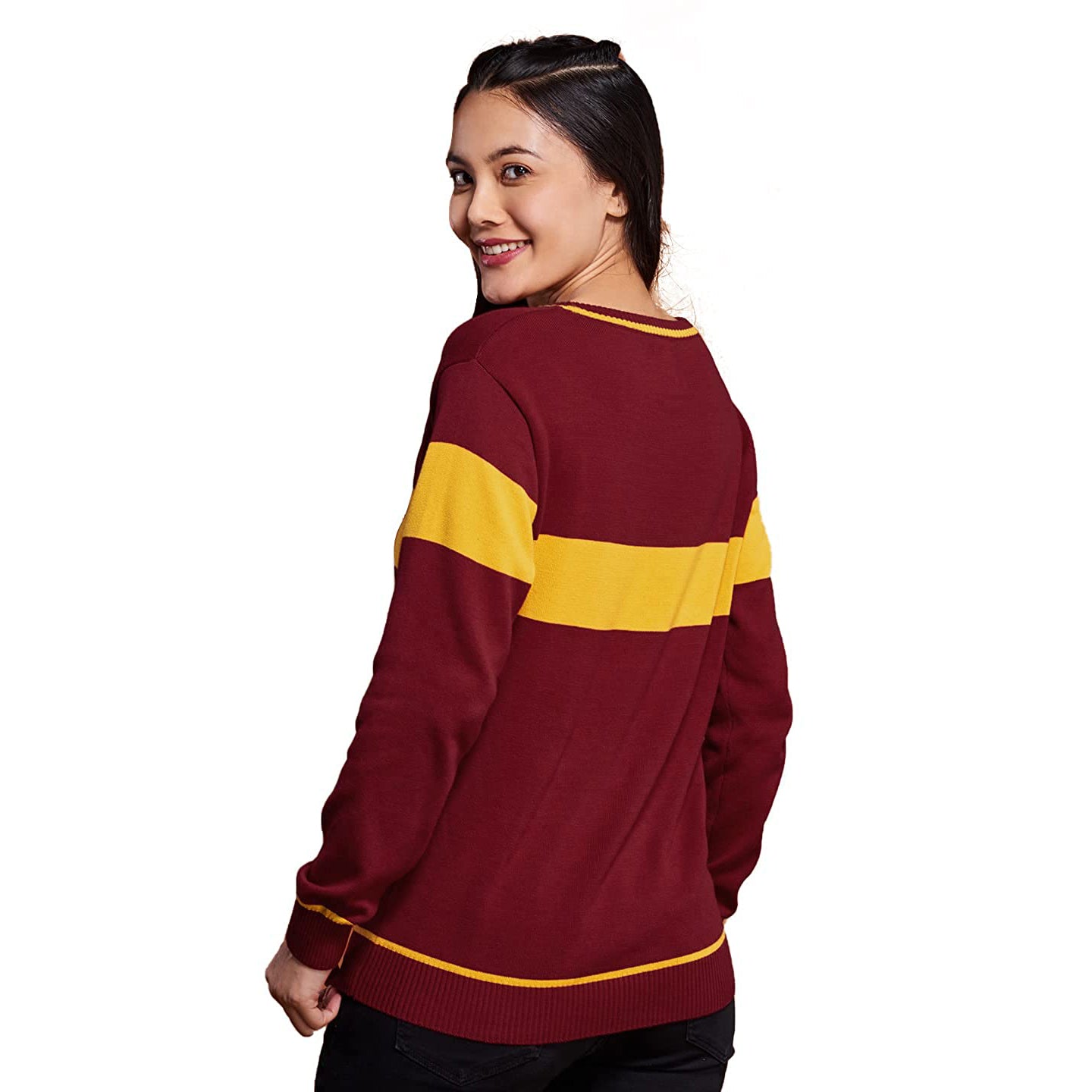 Burgundy-Yellow - Side - Harry Potter Womens-Ladies Gryffindor Quidditch Knitted Jumper