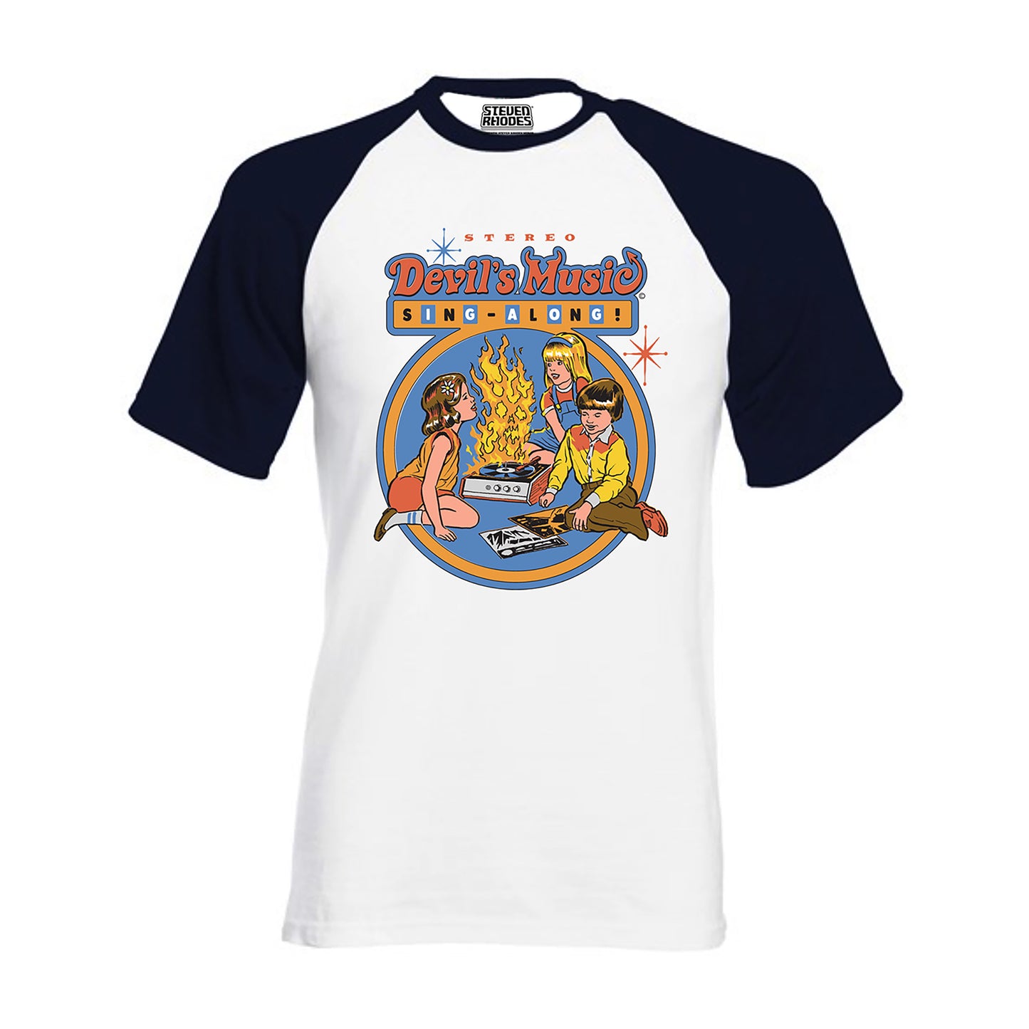White-Navy - Front - Steven Rhodes Unisex Adult Devils Music Sing Along Baseball T-Shirt