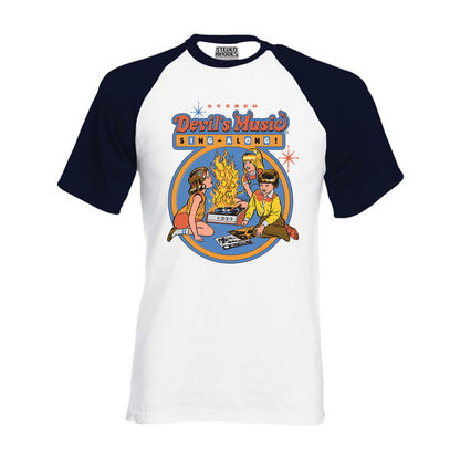White-Navy - Front - Steven Rhodes Unisex Adult Devils Music Sing Along Baseball T-Shirt