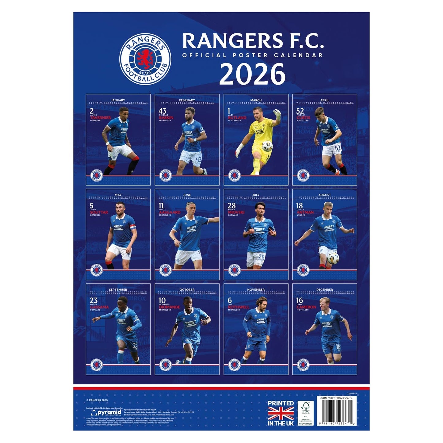 Multicoloured - Side - Rangers FC 2026 A3 Calendar