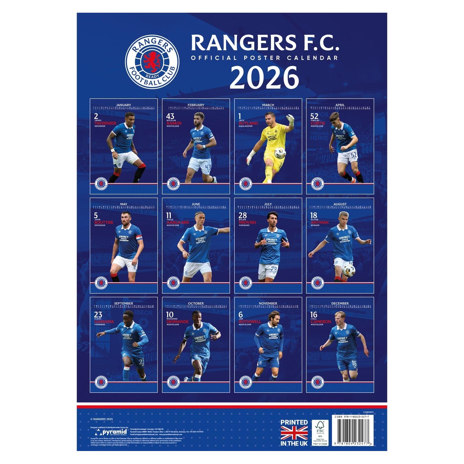 Multicoloured - Side - Rangers FC 2026 A3 Calendar