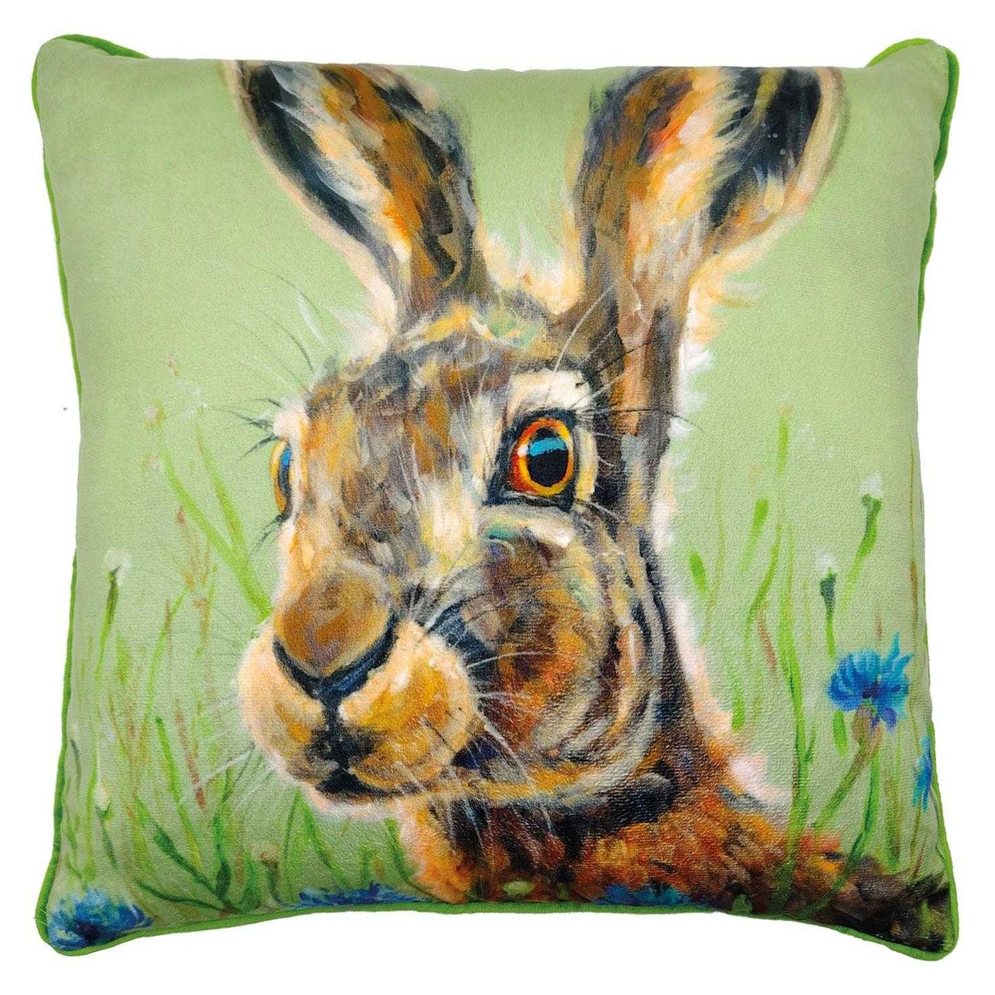 Green-Brown-Blue - Front - Louise Brown Hazel Hare Filled Cushion