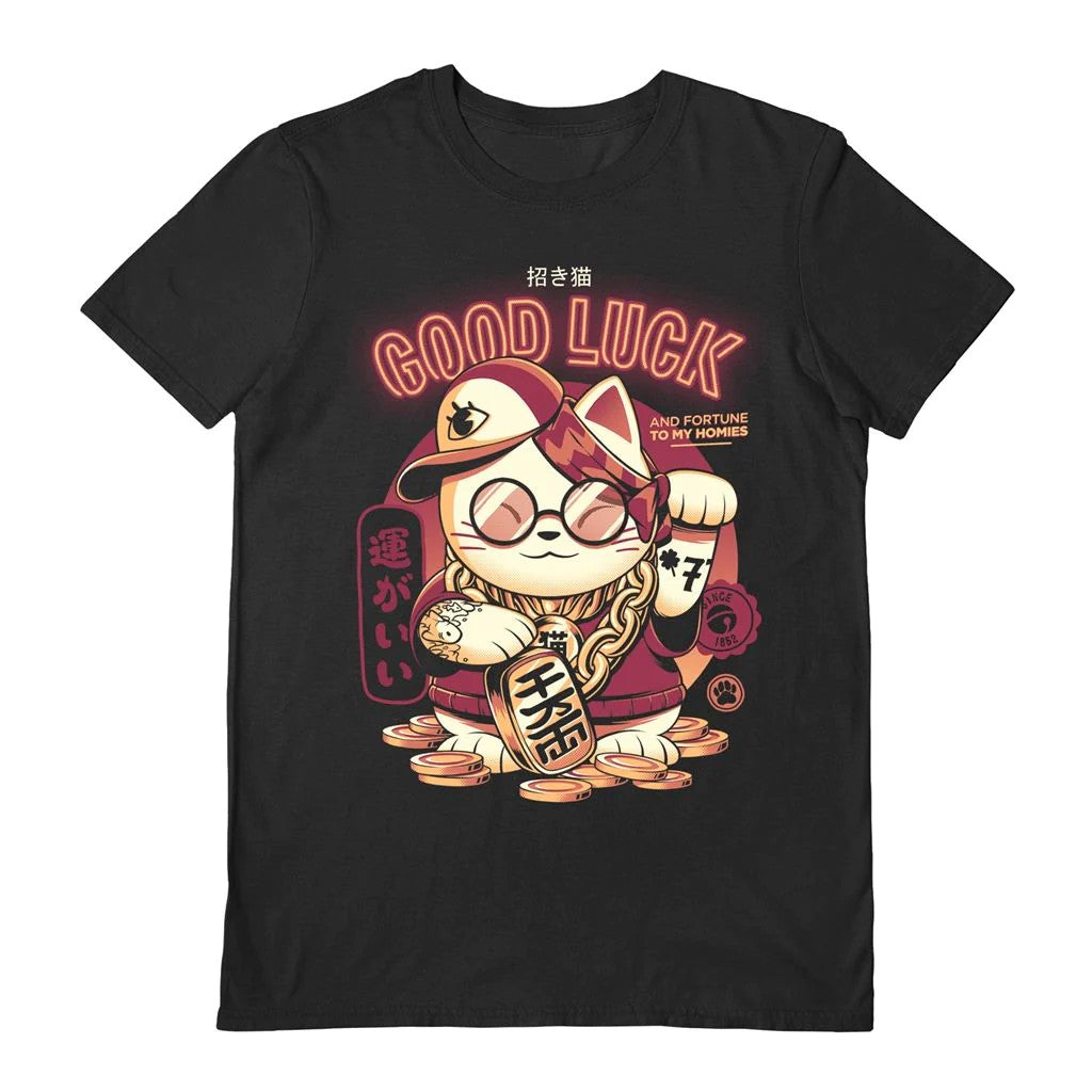Black-White-Red - Front - Ilustrata Unisex Adult Lucky Cat T-Shirt