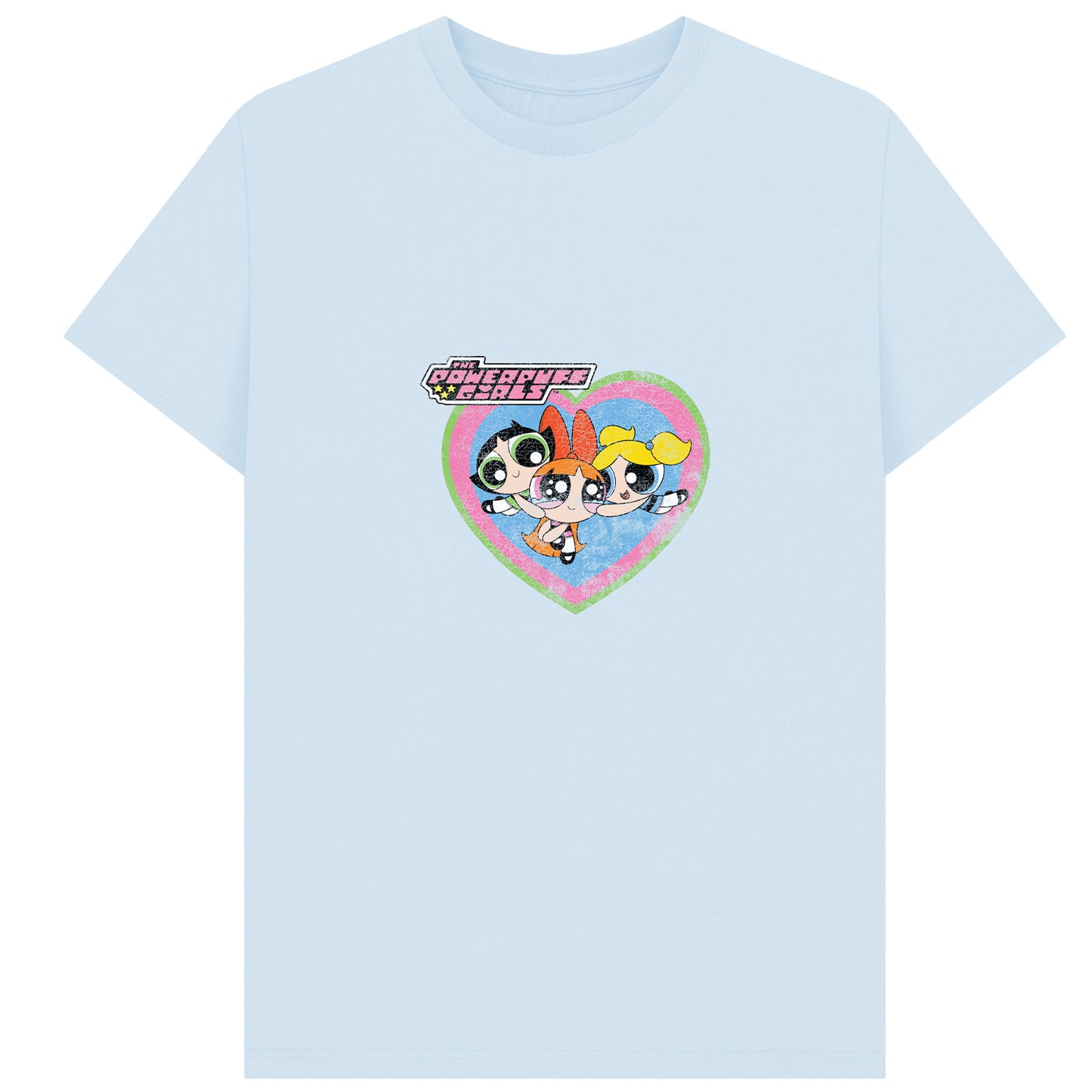 Light Blue - Front - The Powerpuff Girls Unisex Adult Faded Heart T-Shirt