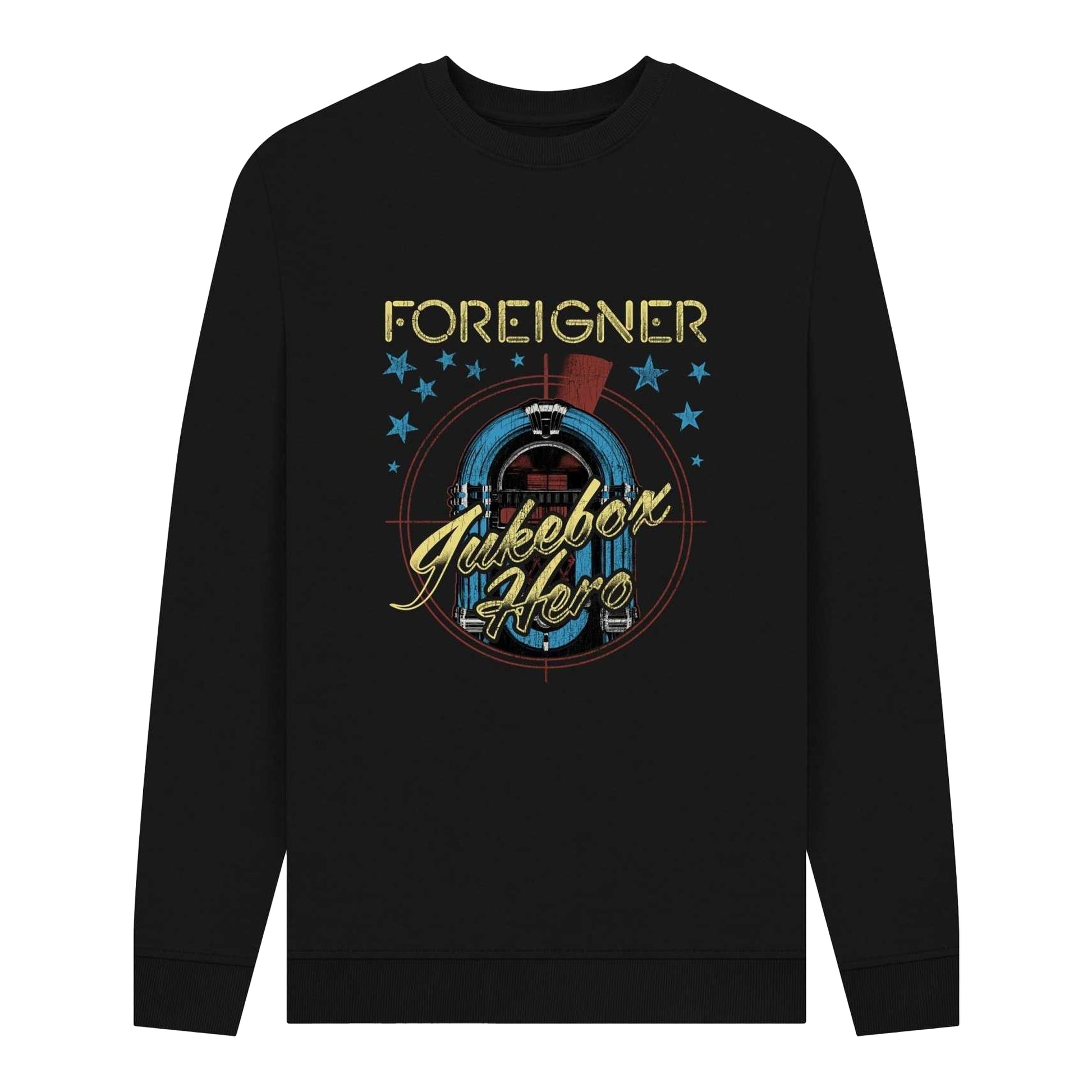 Black - Front - Foreigner Unisex Adult Jukebox Hero Graphic Sweatshirt