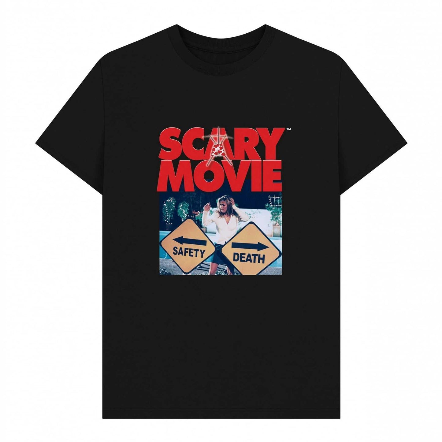 Black - Front - Scary Movie Unisex Adult Safety Vs Death T-Shirt