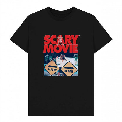 Black - Front - Scary Movie Unisex Adult Safety Vs Death T-Shirt