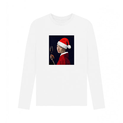 White - Front - Apoh Unisex Adult Vermeer Girl With Pearl Earring Santa Long-Sleeved T-Shirt