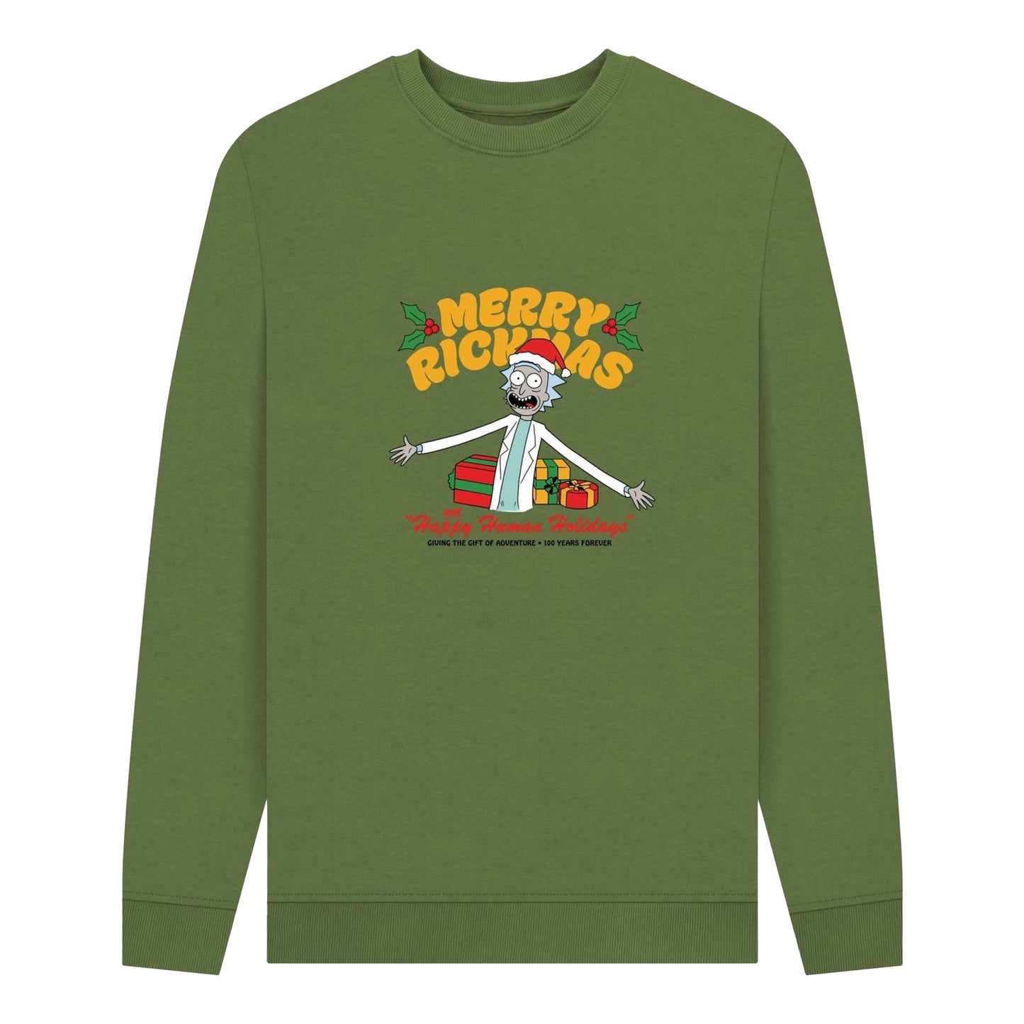 Khaki - Front - Rick And Morty Unisex Adult Happy Human Holidays Sweatshirt