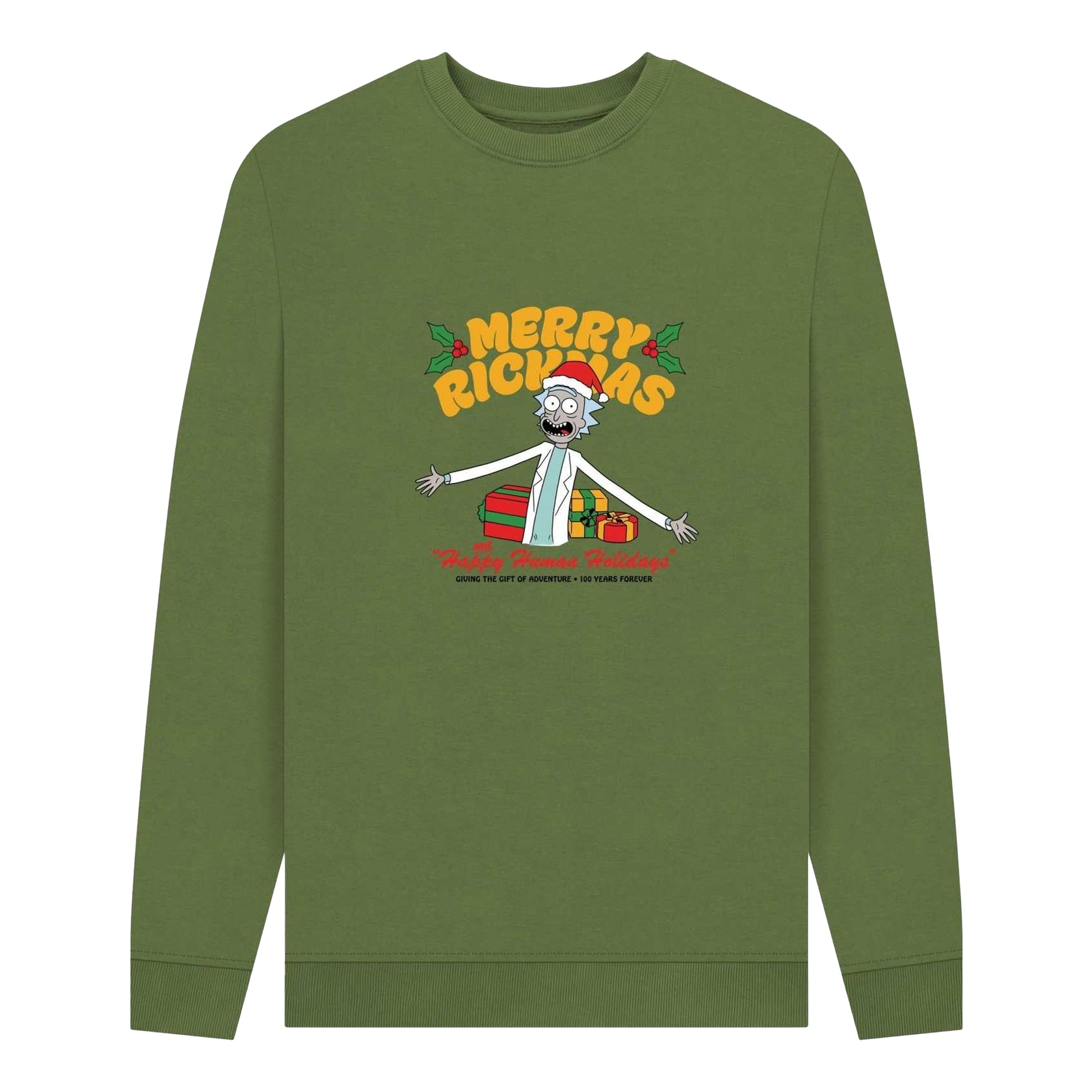 Khaki - Front - Rick And Morty Unisex Adult Happy Human Holidays Sweatshirt