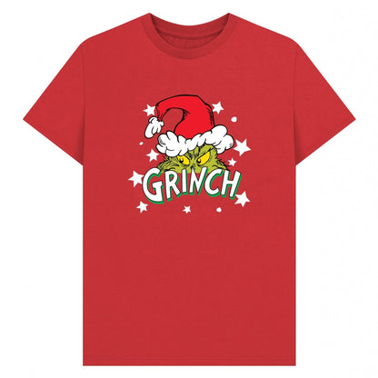 Red - Front - The Grinch Unisex Adult Santa Hat Stars T-Shirt