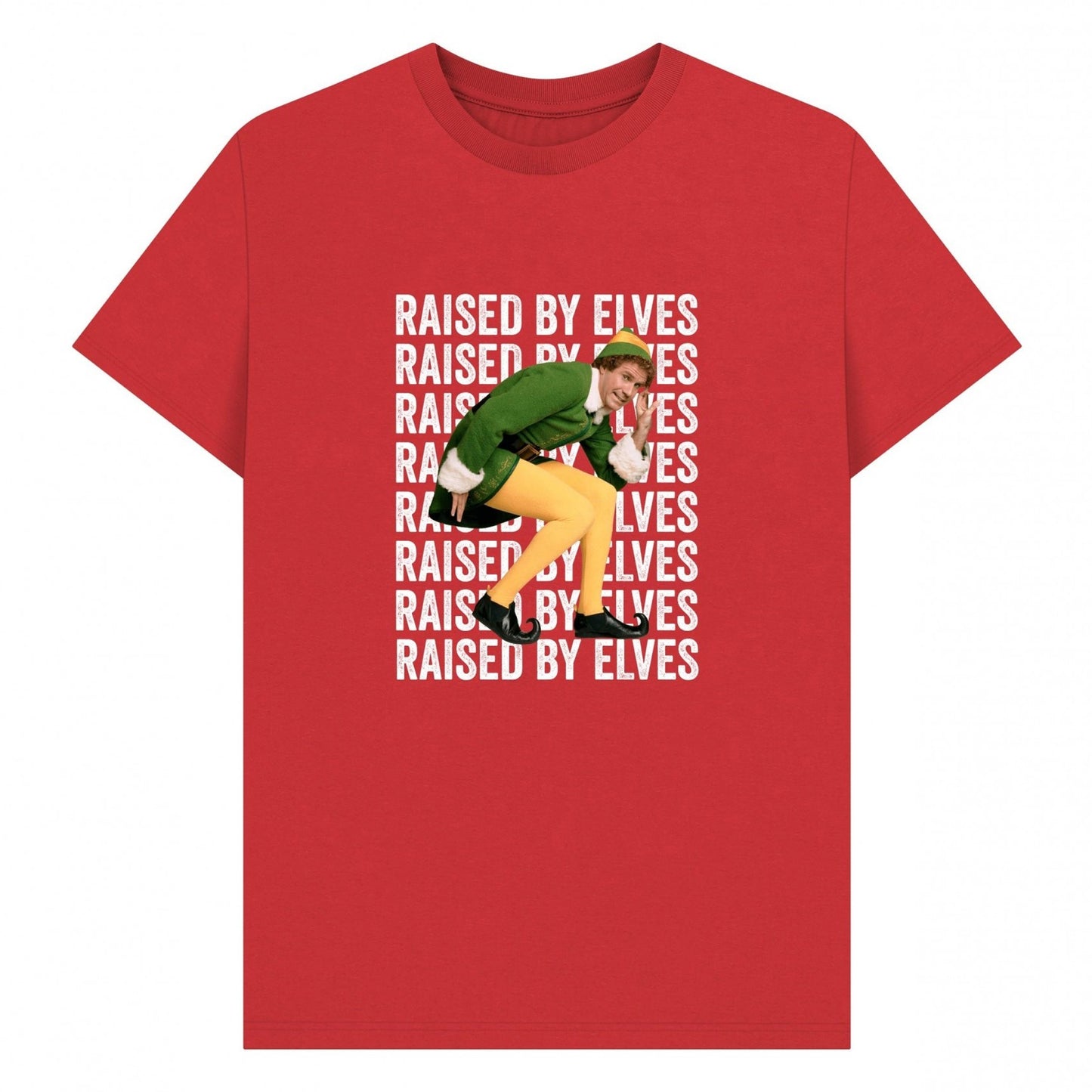 Red - Front - Elf Unisex Adult Raised By Elves Graphic T-Shirt