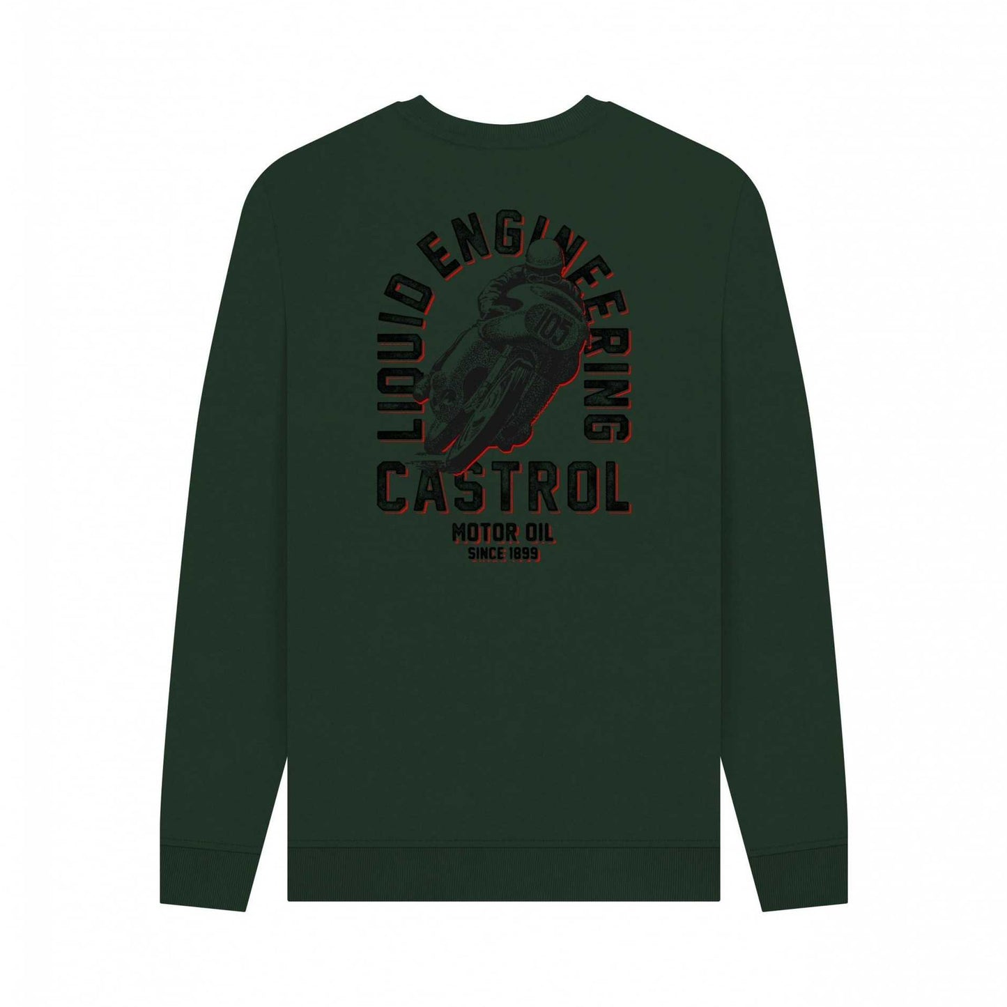 Evergreen - Back - Castrol Unisex Adult 1899 Bike Back Print Sweatshirt