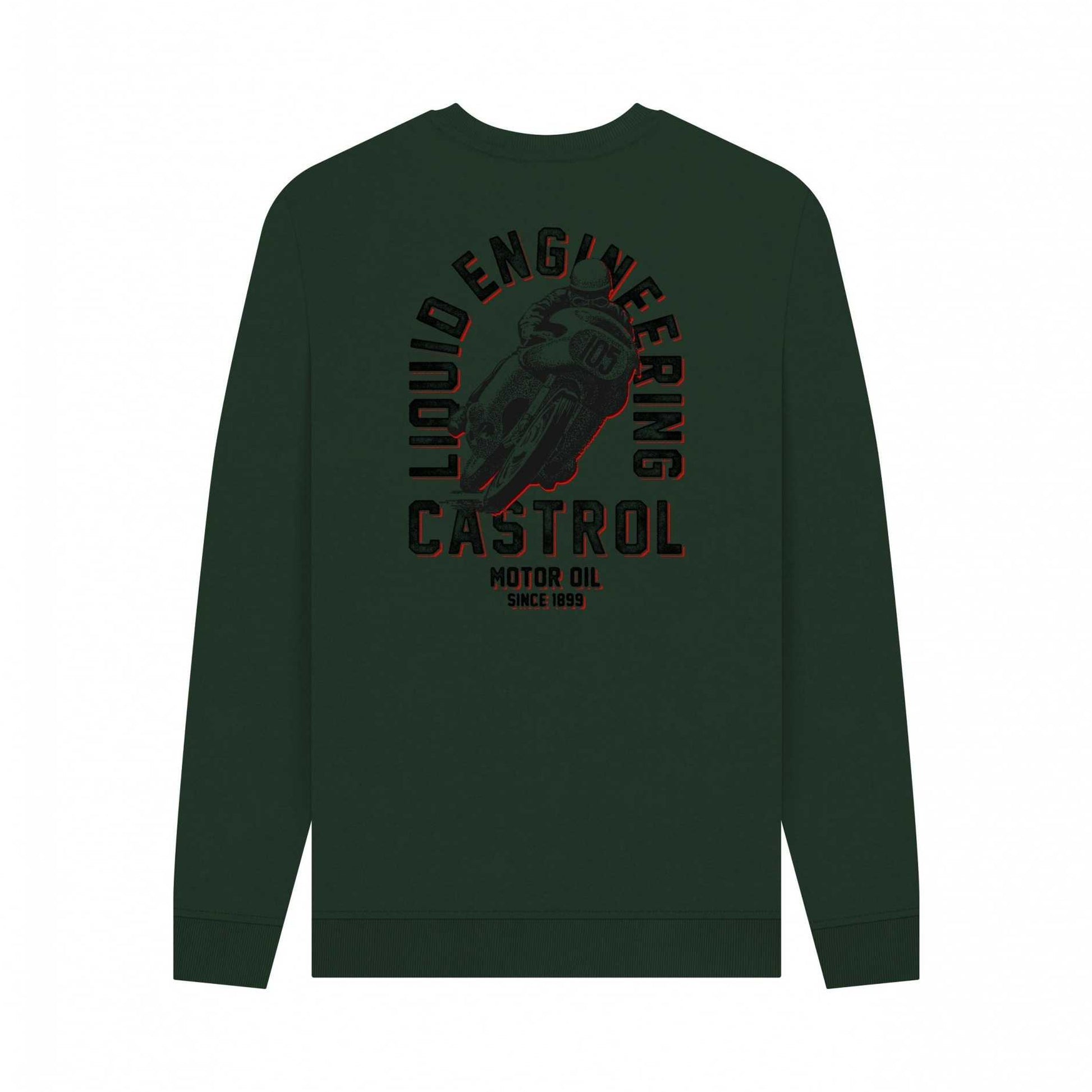 Evergreen - Back - Castrol Unisex Adult 1899 Bike Back Print Sweatshirt