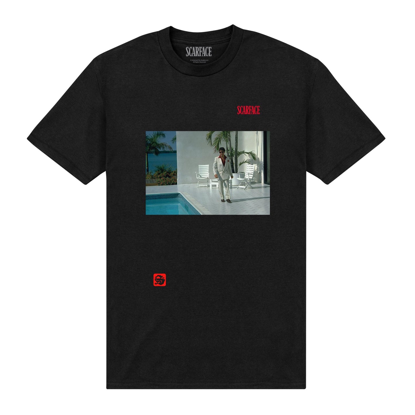 Black - Front - Scarface Unisex Adult Pool Scene Tony Montana T-Shirt