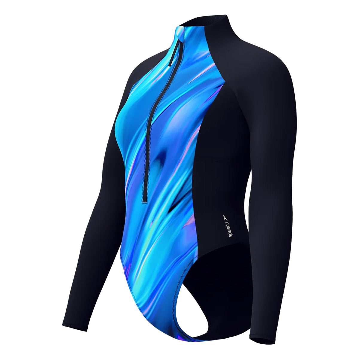 Black-Blue - Pack Shot - Speedo Womens-Ladies Glow Zipped Long-Sleeved One Piece Swimsuit