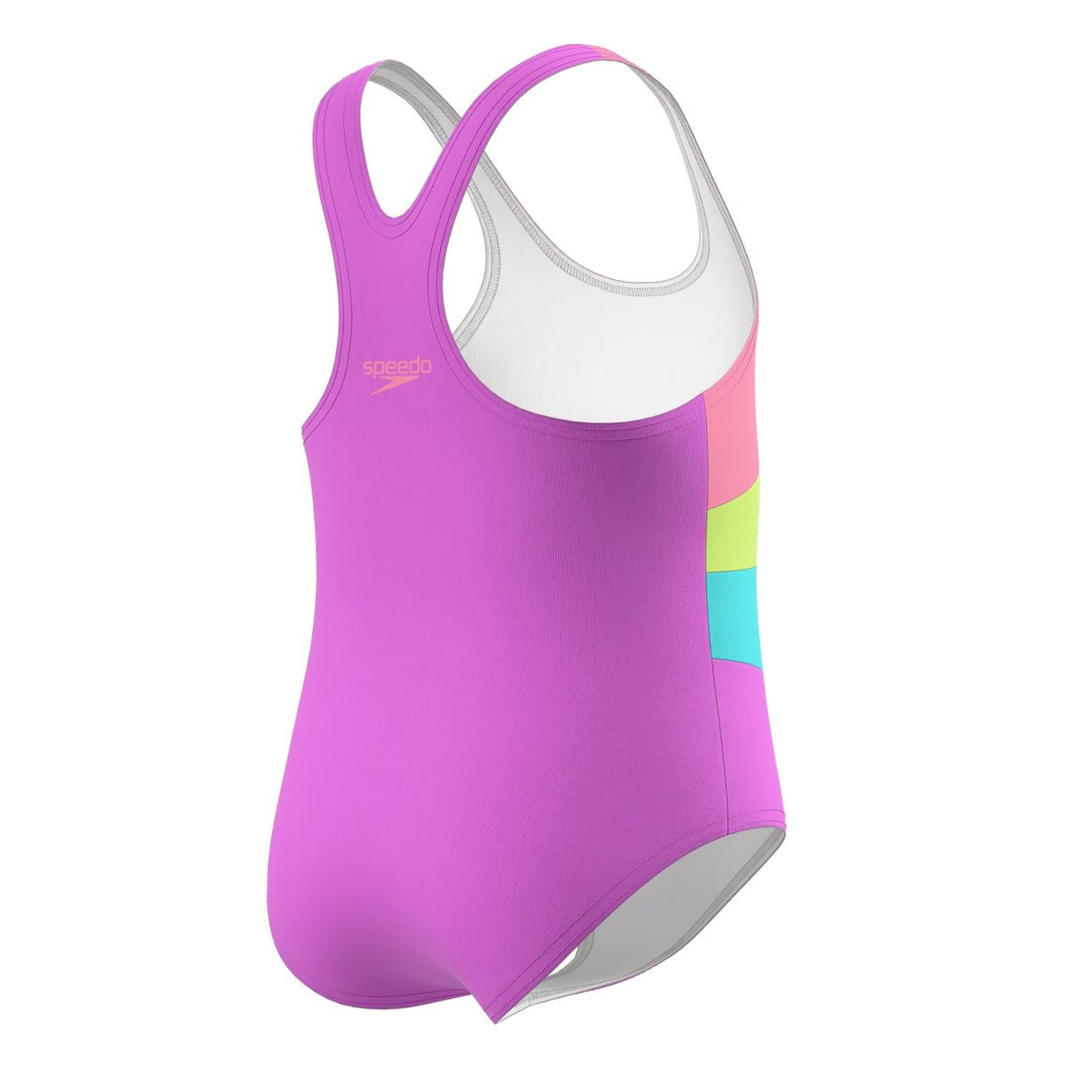 Blue-Green-Pink - Pack Shot - Speedo Girls Radiating Splice Racerback One Piece Swimsuit
