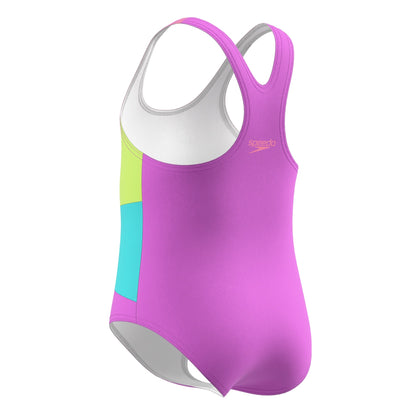 Blue-Green-Pink - Close up - Speedo Girls Radiating Splice Racerback One Piece Swimsuit