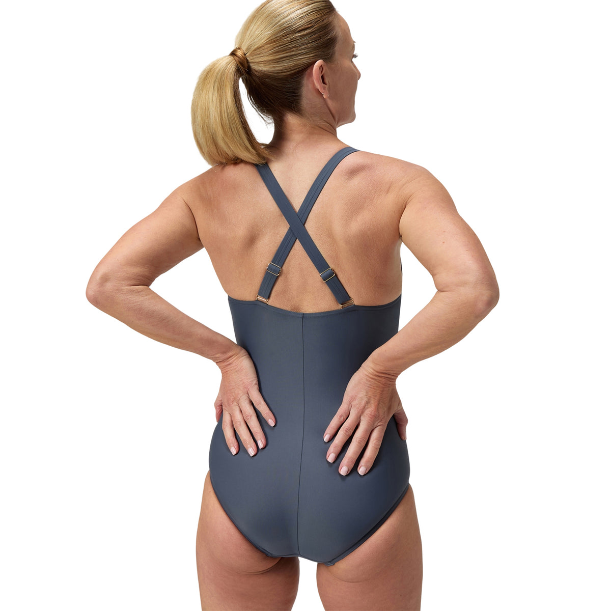 Grey - Back - Speedo Womens-Ladies V Neck Shaping One Piece Swimsuit