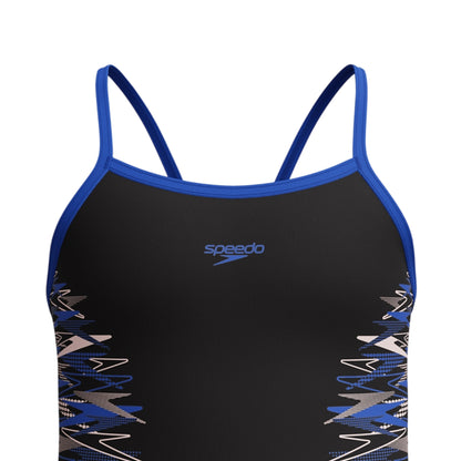 Black - Side - Speedo Girls Placement Thin Strap One Piece Swimsuit