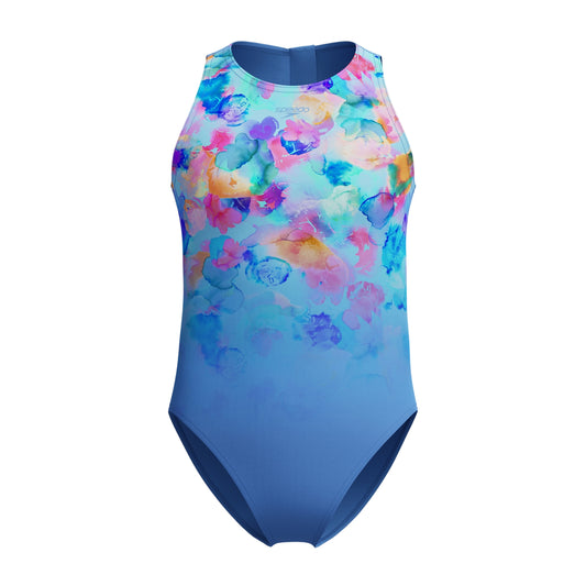Blue-Pink - Front - Speedo Girls Hydrasuit Watercolour One Piece Swimsuit