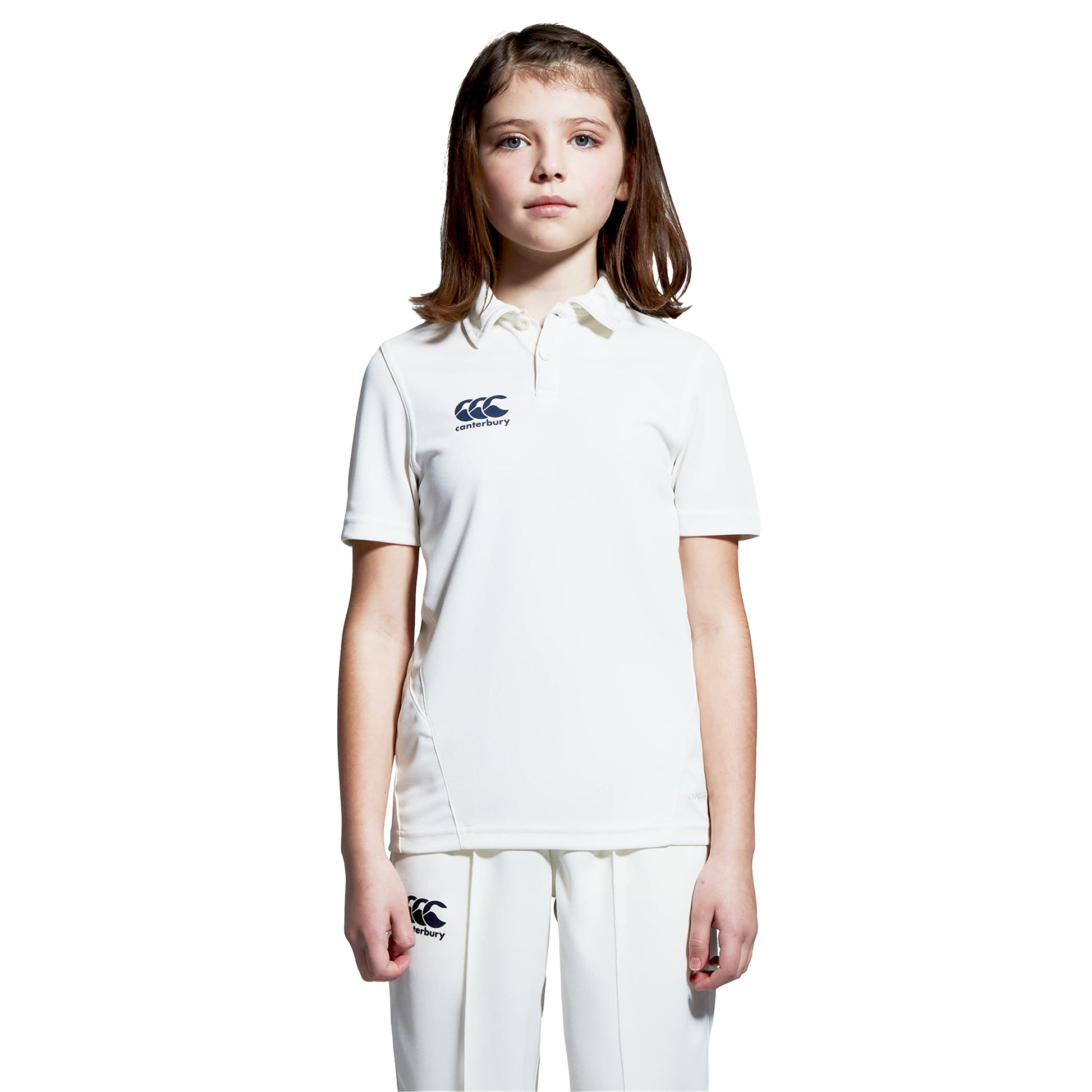 Cream - Side - Canterbury Childrens-Kids Logo Moisture Wicking Cricket Shirt