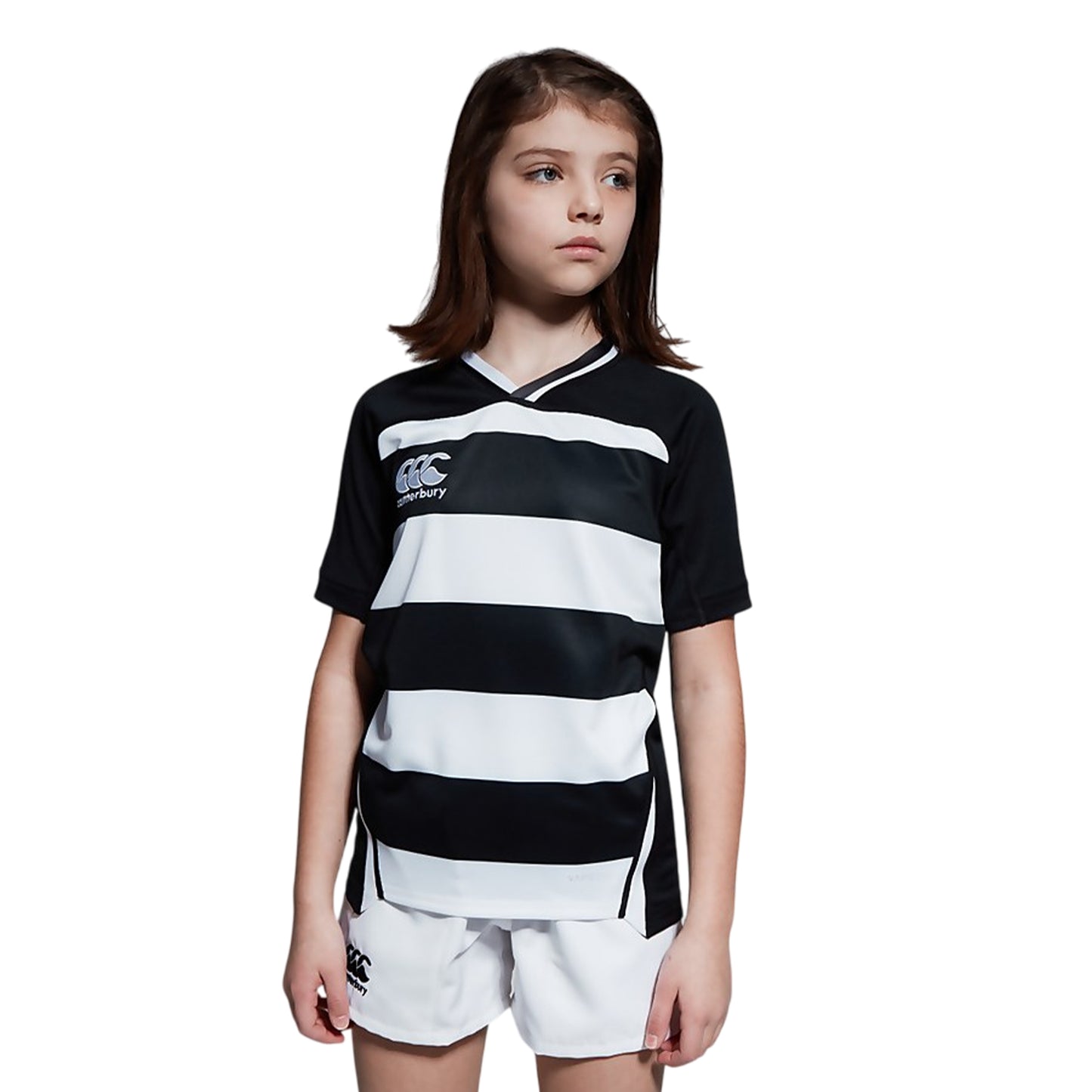 Black-White - Side - Canterbury Childrens-Kids Evader Hooped Vapodri Jersey