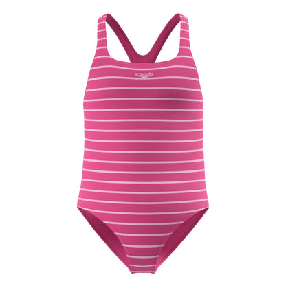 Pink - Front - Speedo Girls Medalist Striped One Piece Swimsuit