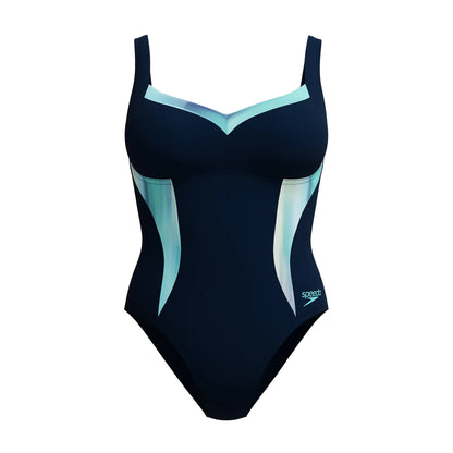 Navy - Front - Speedo Womens-Ladies Lunaelustre Printed Shaping One Piece Swimsuit
