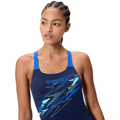 Navy - Side - Speedo Womens-Ladies Medley Medalist Logo One Piece Swimsuit