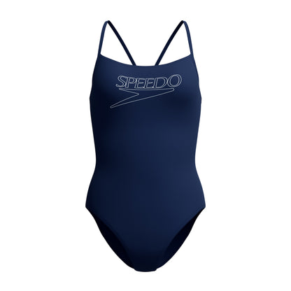 Navy - Front - Speedo Womens-Ladies Logo Endurance+ Thin Strap One Piece Swimsuit