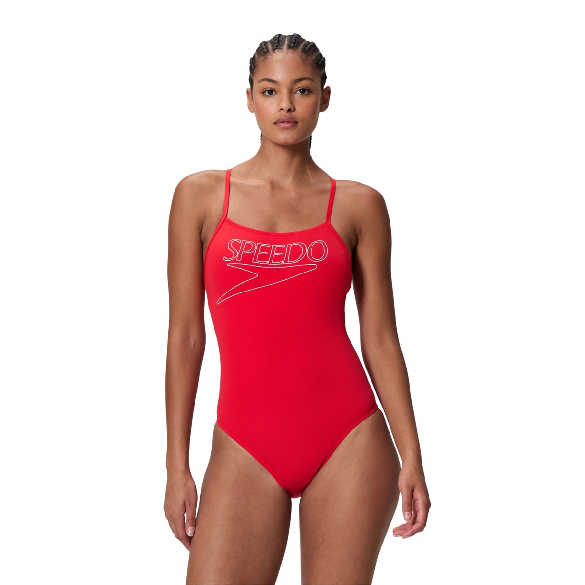 Red - Side - Speedo Womens-Ladies Logo Endurance+ Thin Strap One Piece Swimsuit