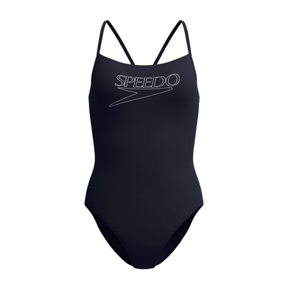 Black - Front - Speedo Womens-Ladies Logo Endurance+ Thin Strap One Piece Swimsuit