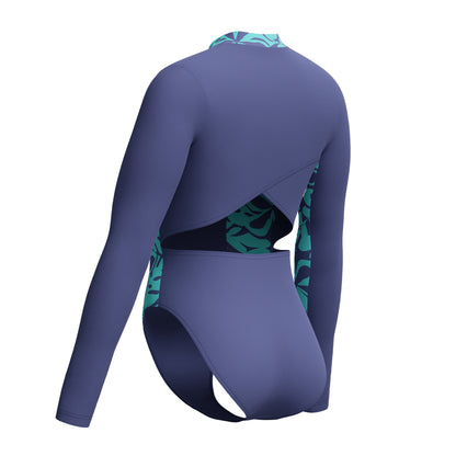 Blue-Green - Lifestyle - Speedo Womens-Ladies Panel Half Zip Long-Sleeved One Piece Swimsuit