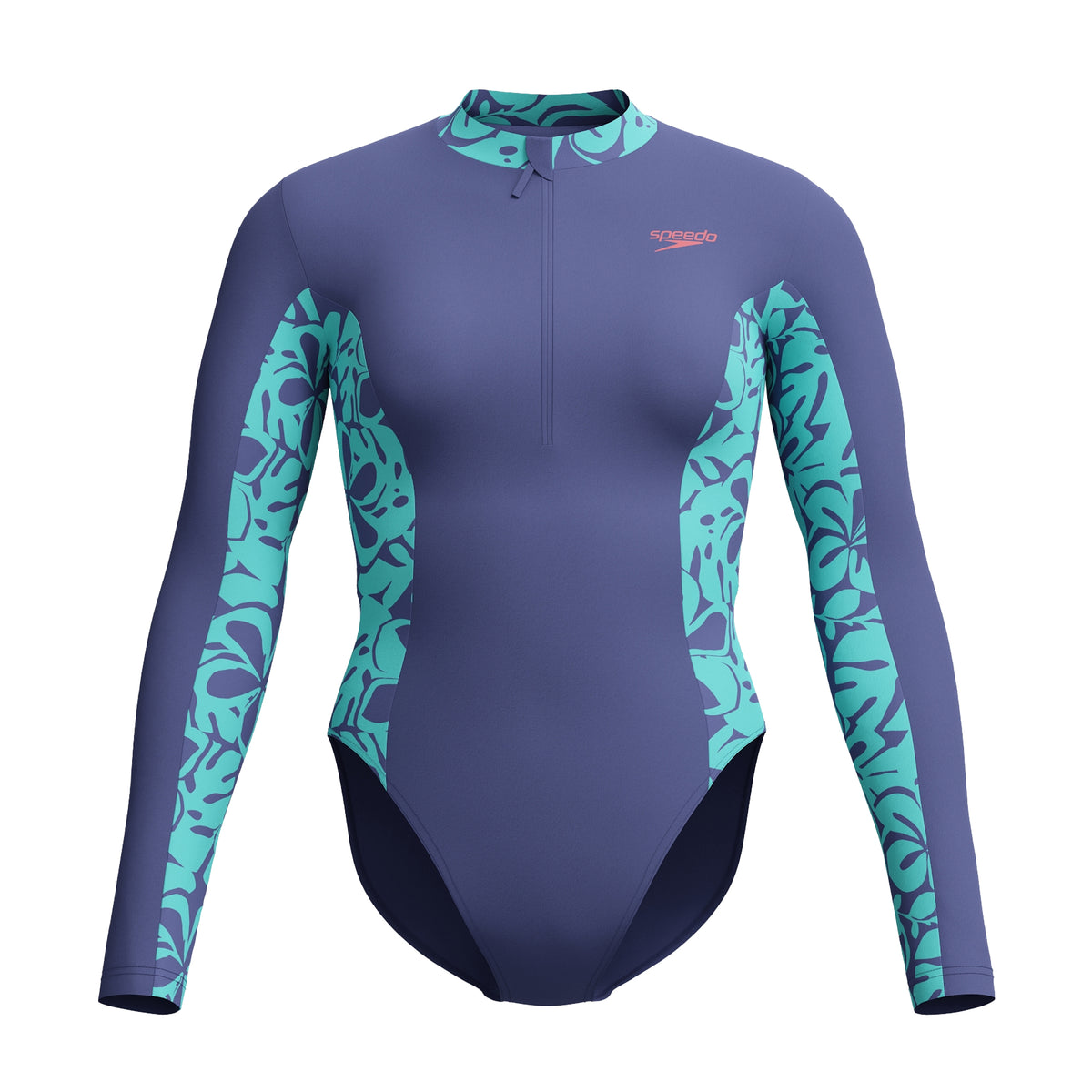 Blue-Green - Front - Speedo Womens-Ladies Panel Half Zip Long-Sleeved One Piece Swimsuit