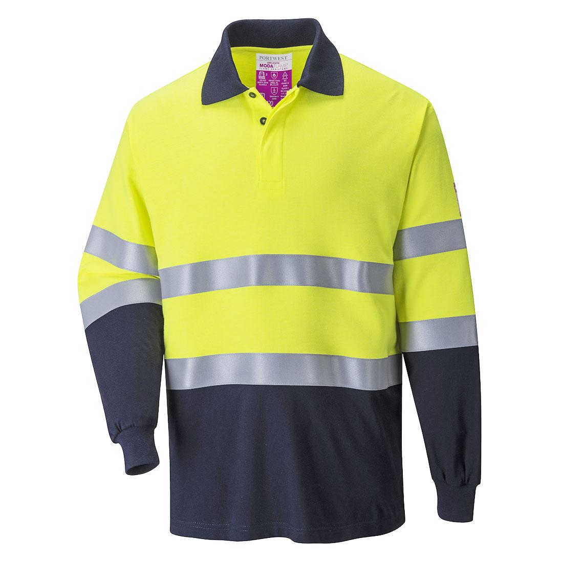 Yellow-Navy - Front - Portwest Mens Two Tone Flame Resistant Anti-Static Long-Sleeved Polo Shirt
