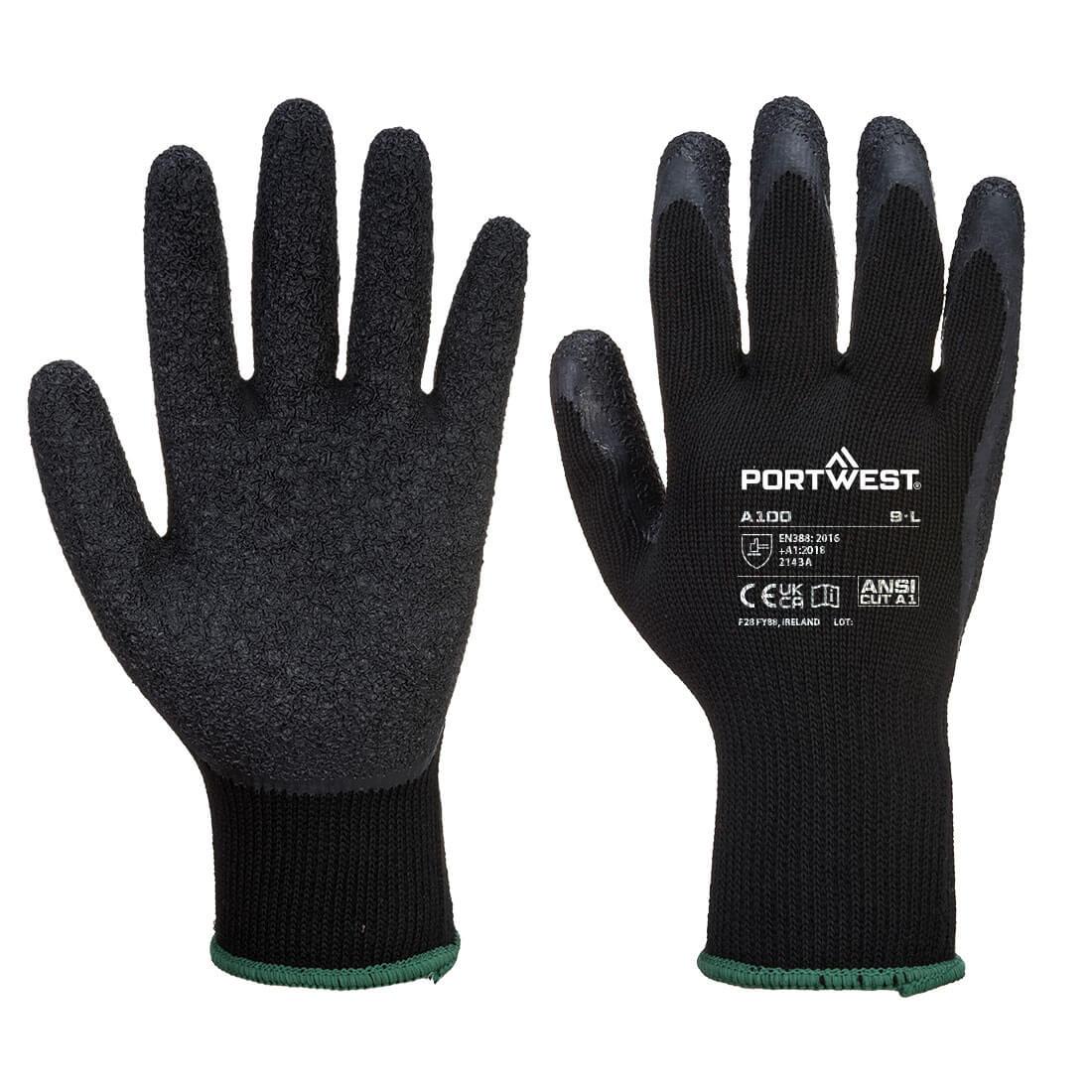 Black - Front - Portwest A100 Latex Grip Gloves