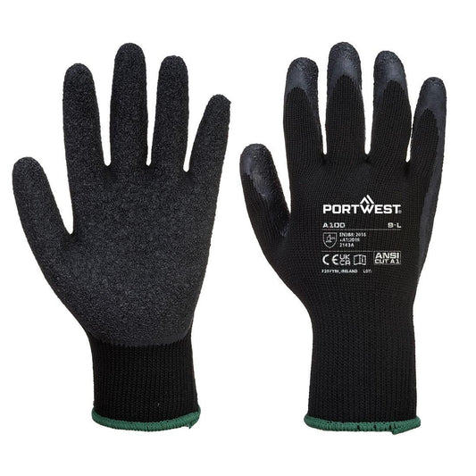 Black - Front - Portwest A100 Latex Grip Gloves