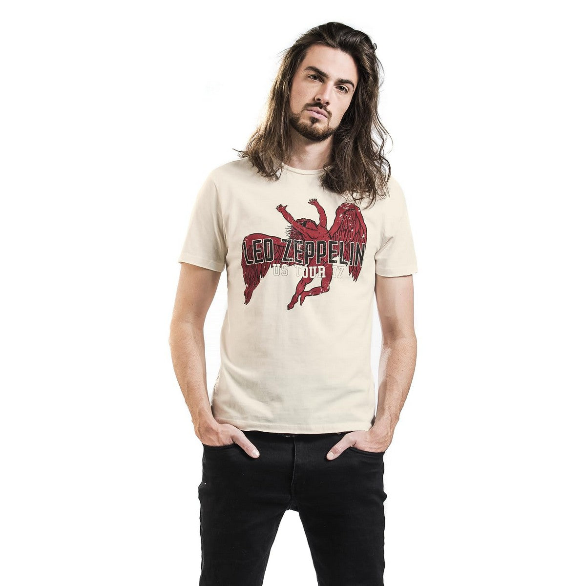 White - Side - Amplified Unisex Adult US Tour 77 Icarus Led Zeppelin Vintage T-Shirt