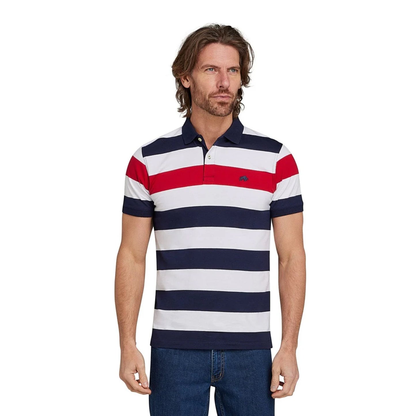 Navy-White-Red - Side - Raging Bull Mens Uneven Striped Jersey Polo Shirt