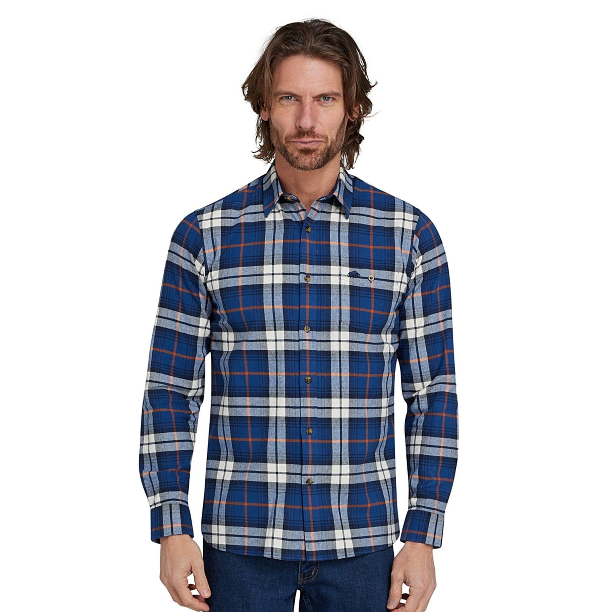 Navy - Side - Raging Bull Mens Plaid Brushed Cotton Long-Sleeved Shirt
